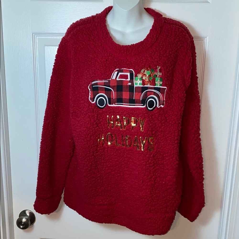 Women’s Red Holiday Sweater with Truck Design Spell out Happy Holidays Size XL